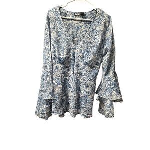White & Blue Paisley Top Bell Sleeve 3X Whimsical Fairycore